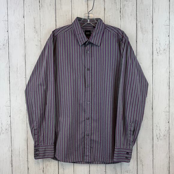 Hugo Boss Purple/Grey Striped Cotton Regular Fit Button Down Shirt Size Large - Picture 1 of 15